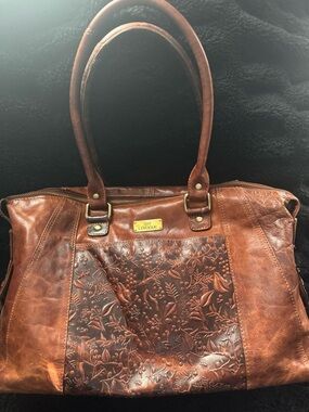 Vintage-Style Brown Leather Tote Bag with Embossed Floral Panel